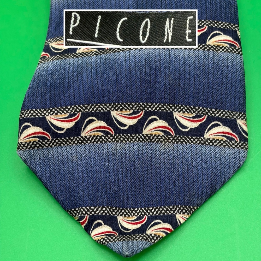 VTG Picone 100% Silk Necktie Mens Navy Blue/Red Geometric Striped Tie USA Made